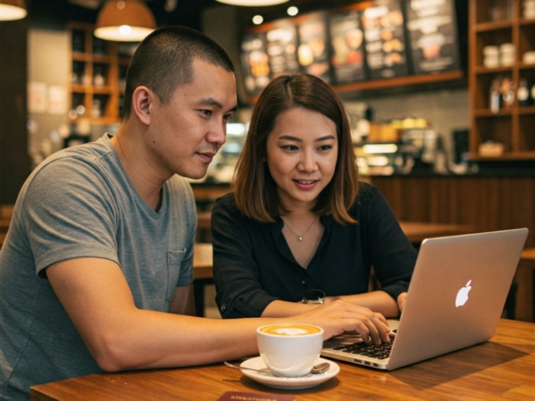 Illustration of two people using a laptop in a cafe