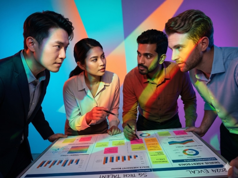 Illustration of colleagues collaborating over a project