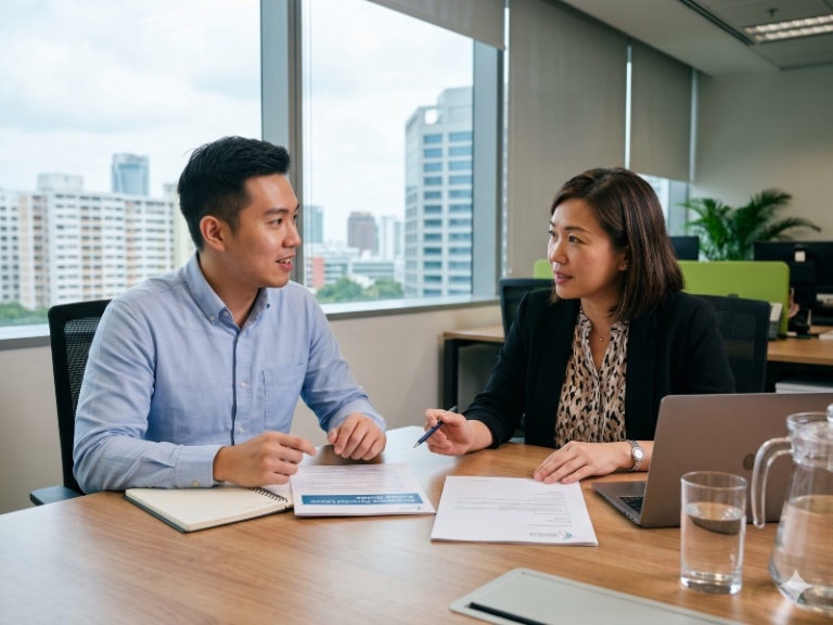 Illustration of colleagues discussing paperwork in an office