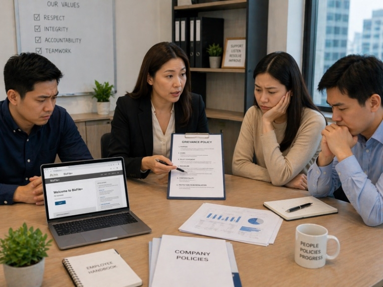 Illustration of colleagues discussing a workplace concern