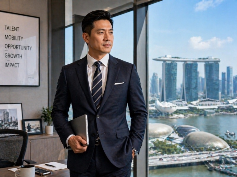 Illustration of a professional standing in an office overlooking Singapore