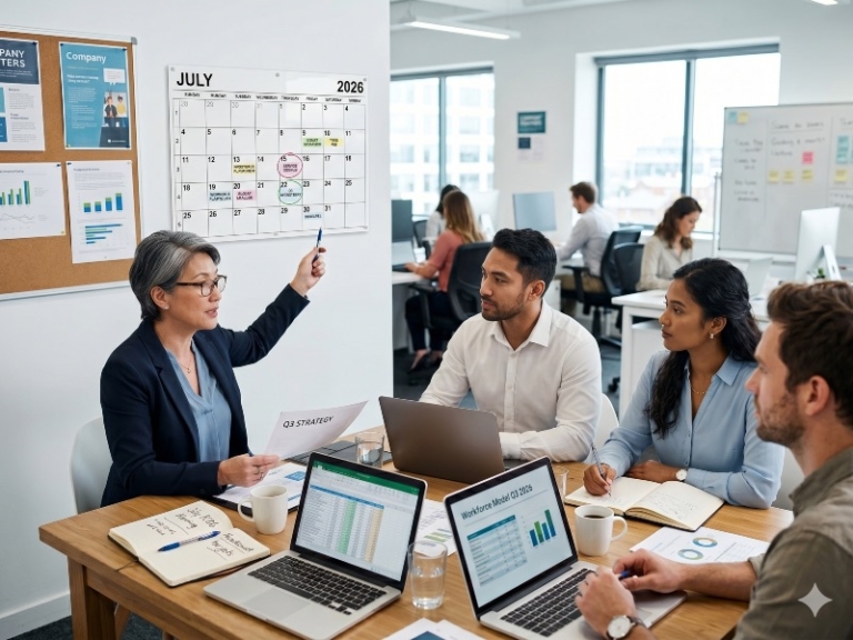 Illustration of colleagues meeting around an office table