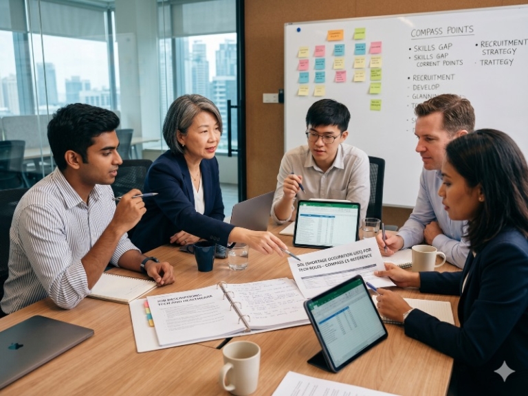 Illustration of colleagues considering a skills checklist