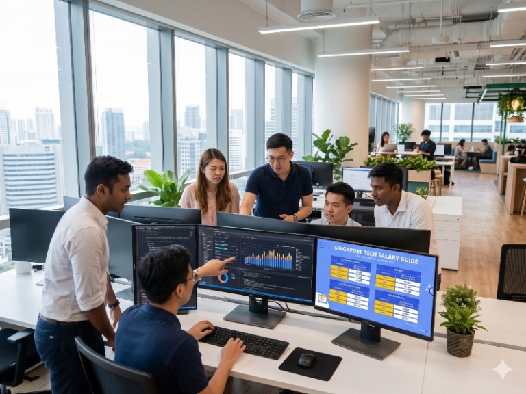 Illustration of a technology team working at computer screens