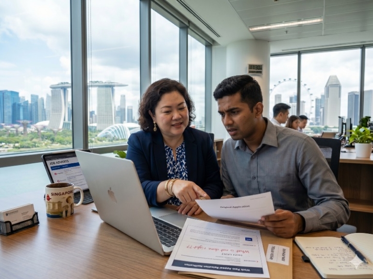 Illustration of two professionals reviewing an application