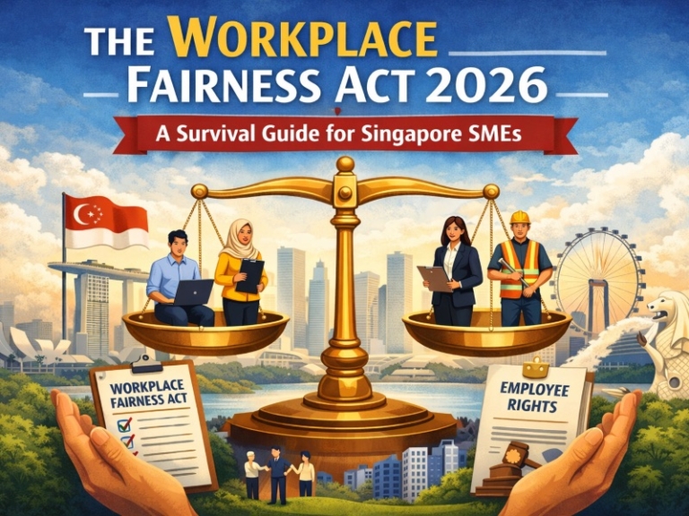 Illustrated workplace fairness guide cover with scales of justice