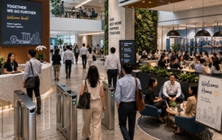 An office lobby with employees arriving, showing masks removed and collaborative spaces filled, representing full return