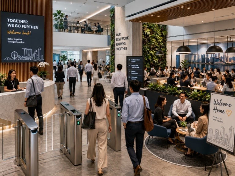 An office lobby with employees arriving, showing masks removed and collaborative spaces filled, representing full return