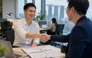 Singapore startup founder and new employee shaking hands with ACRA and CPF paperwork on desk