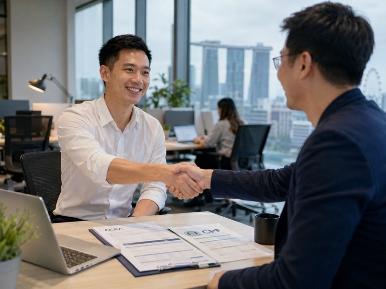 Singapore startup founder and new employee shaking hands with ACRA and CPF paperwork on desk