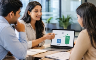 Corporate HR team discussing employee benefits with a chart showing GST increase to 9% on a laptop screen (800x600).