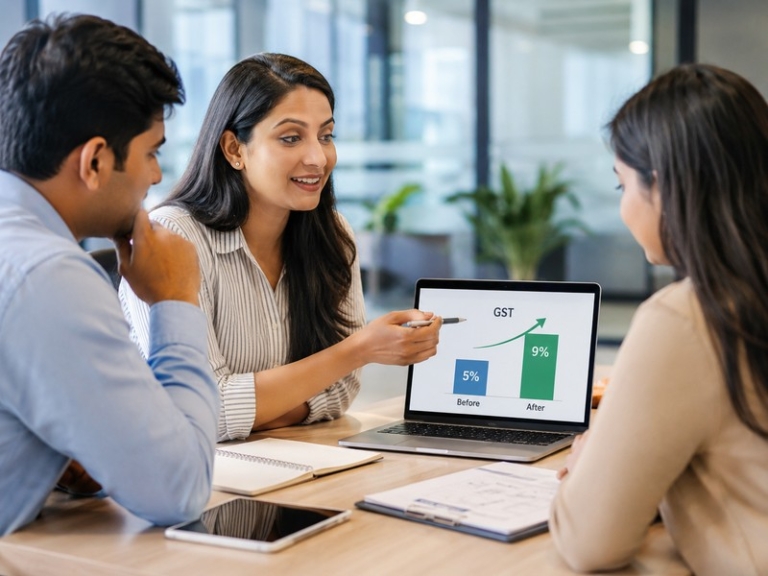 Corporate HR team discussing employee benefits with a chart showing GST increase to 9% on a laptop screen (800x600).