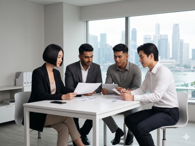 Illustration of young colleagues reviewing work together