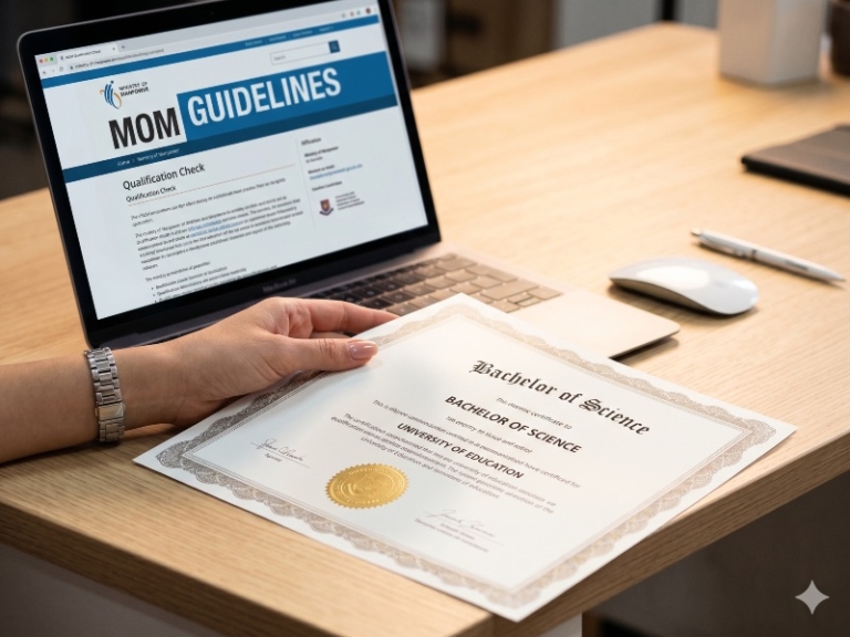Illustration of a qualification document beside a laptop