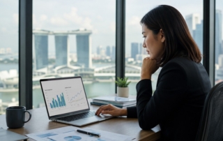 Corporate HR manager reviewing pay charts and inflation graphs on a laptop in a modern Singapore office skyline backdrop