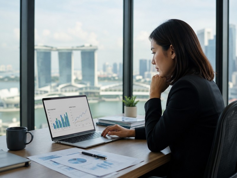 Corporate HR manager reviewing pay charts and inflation graphs on a laptop in a modern Singapore office skyline backdrop