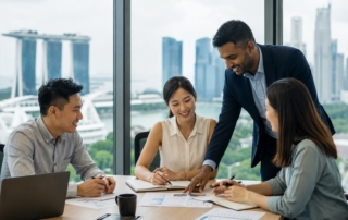 A diverse team of professionals discussing recruitment strategy in a modern Singapore office with skyline in background