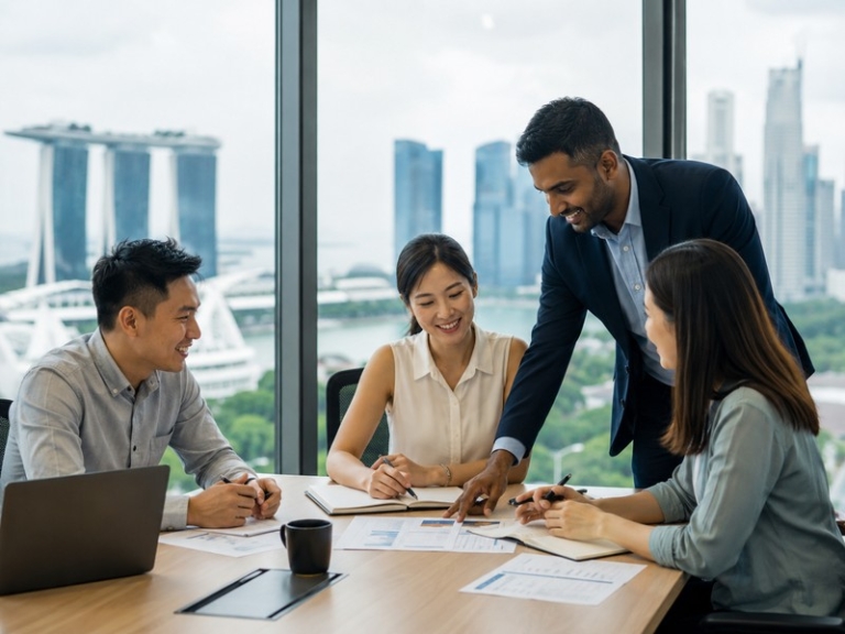 A diverse team of professionals discussing recruitment strategy in a modern Singapore office with skyline in background