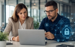 A professional office environment showing a hiring manager and an IT security specialist reviewing a laptop with digital