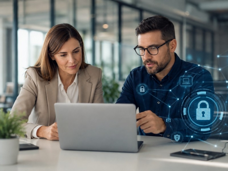 A professional office environment showing a hiring manager and an IT security specialist reviewing a laptop with digital