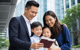 A professional photograph of a multicultural family outside a modern Singapore office tower, showing passports and docum