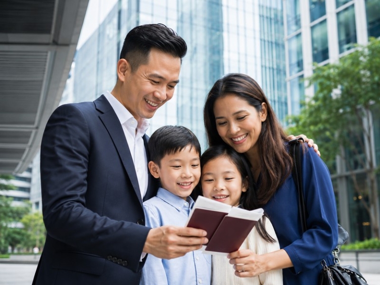 Illustration of a family reviewing documents with the Singapore skyline behind them