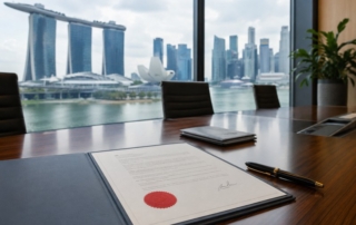 Corporate HR manager reviewing employment contracts and payslips in an office setting, with Singapore skyline visible th