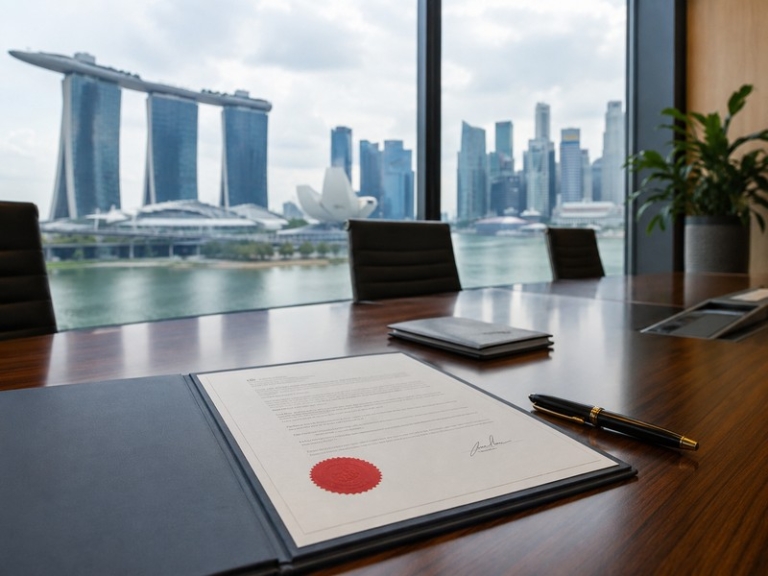 Corporate HR manager reviewing employment contracts and payslips in an office setting, with Singapore skyline visible th