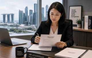 A professional HR manager reviewing employment contracts at a desk with Singapore skyline visible through a window (800x