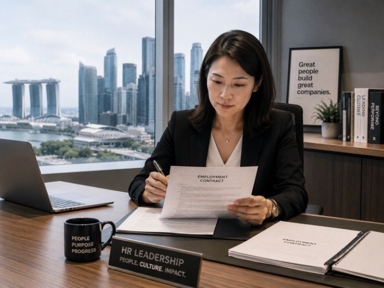 Illustration of an adviser reading an employment contract