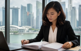Photograph of a professional executive handshake in a modern Singapore office with Marina Bay skyline in the background