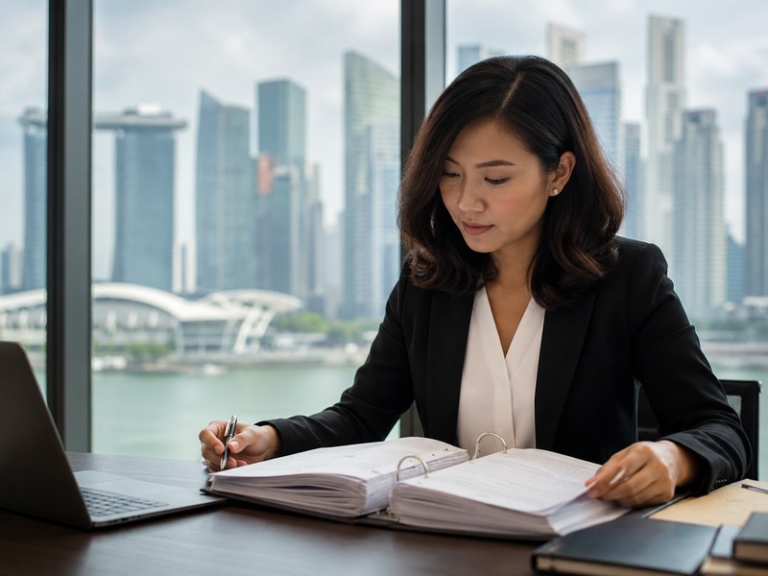 Photograph of a professional executive handshake in a modern Singapore office with Marina Bay skyline in the background