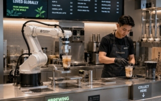 A modern F&B kitchen with a robotic arm preparing drinks beside a human barista, showing automation and people working t