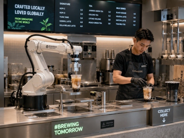 A modern F&B kitchen with a robotic arm preparing drinks beside a human barista, showing automation and people working t