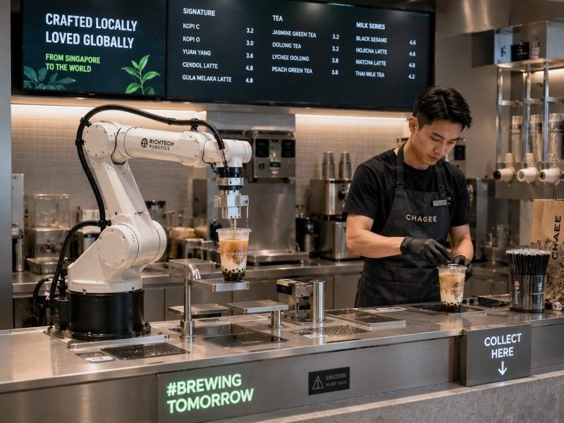 A modern F&B kitchen with a robotic arm preparing drinks beside a human barista, showing automation and people working t