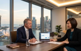 A professional Singapore office scene with two senior executives in discussion, laptop open, city skyline visible throug