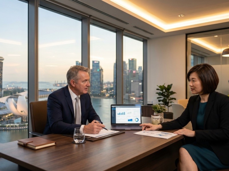 A professional Singapore office scene with two senior executives in discussion, laptop open, city skyline visible throug