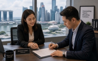 A professional Singapore office scene showing a recruiter and client signing a contract over a desk with city skyline vi