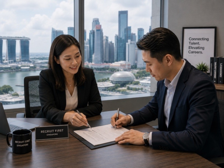 A professional Singapore office scene showing a recruiter and client signing a contract over a desk with city skyline vi