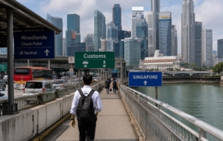 Photograph of a Singapore-Malaysia border checkpoint with a commuter crossing on foot and office skyline in the backgrou