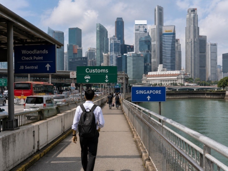 Photograph of a Singapore-Malaysia border checkpoint with a commuter crossing on foot and office skyline in the backgrou