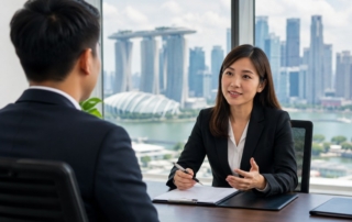 A professional Singapore office scene showing an interviewer and candidate in a calm discussion, with Singapore skyline