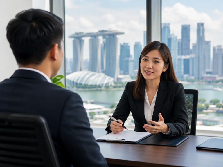A professional Singapore office scene showing an interviewer and candidate in a calm discussion, with Singapore skyline