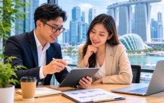 A professional Singapore office scene with hiring manager and candidate reviewing a job description on a tablet, city sk