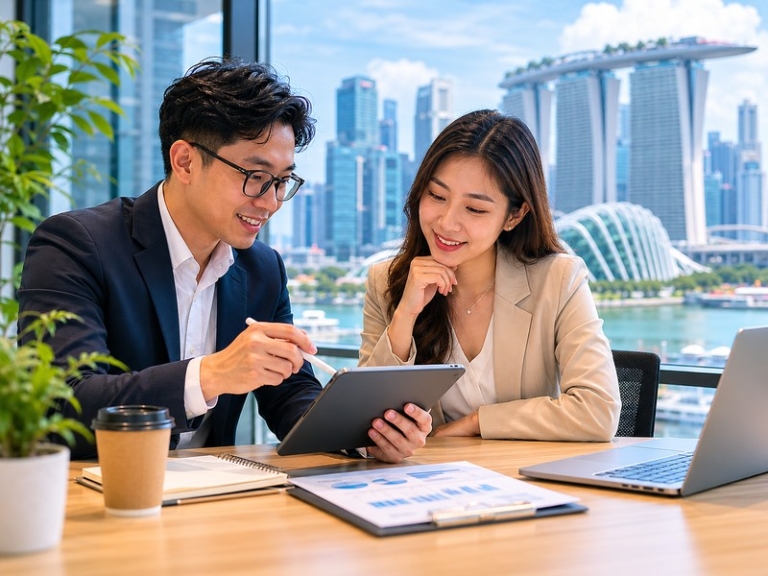 A professional Singapore office scene with hiring manager and candidate reviewing a job description on a tablet, city sk