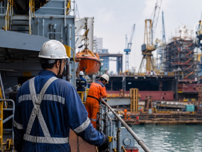 Illustration of a shipyard worker wearing a hard hat