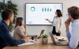 Illustration of an office meeting where wellbeing metrics are displayed on a screen alongside KPI charts (800x600).
