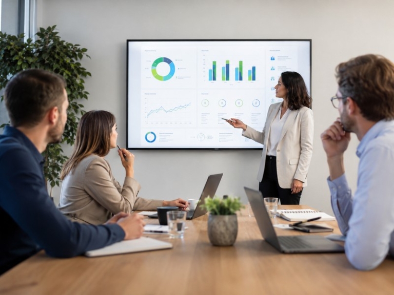 Illustration of an office meeting where wellbeing metrics are displayed on a screen alongside KPI charts (800x600).