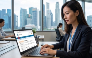 A professional HR manager using a laptop with the MOM website visible on screen, Singapore office backdrop (800x600).