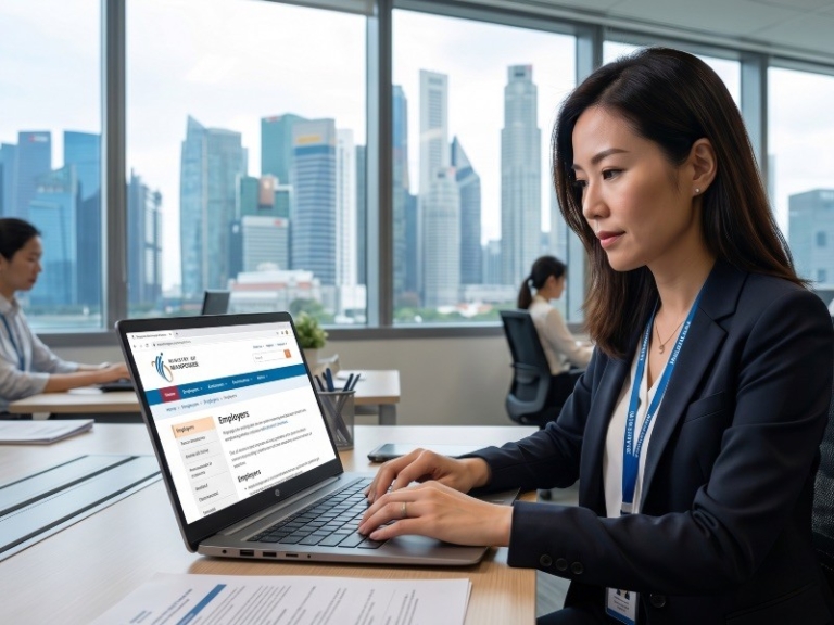 A professional HR manager using a laptop with the MOM website visible on screen, Singapore office backdrop (800x600).